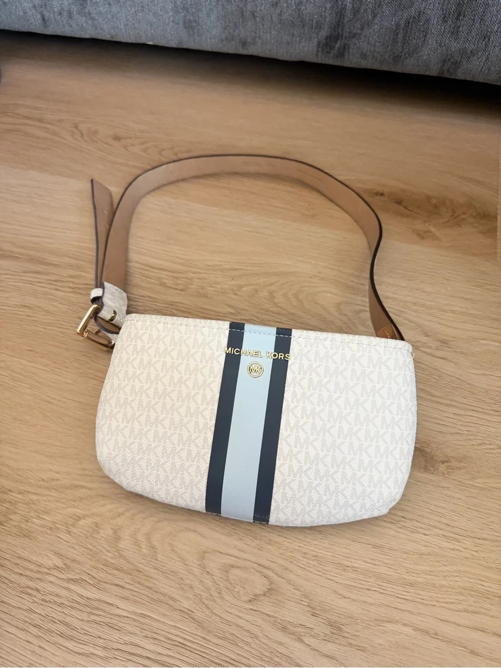 Michael Kors Cream Shoulder Bag with Navy and Light Blue Stripes